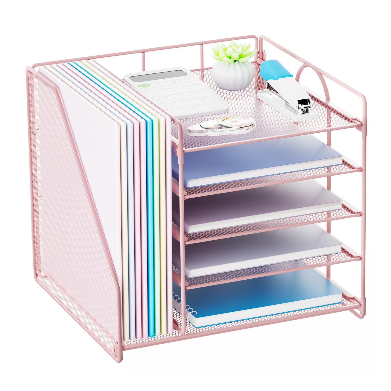 Restorgan Desk Organiser with File Holder, 5 Tiers Paper Letter Tray Organiser, Desktop Organiser and Storage, Mesh Desk Organisers and Accessories for Home Office Supplies (Pink) — image 1
