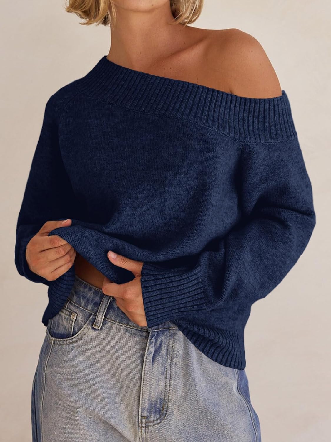 Saodimallsu Womens Off The Shoulder Sweater Long Sleeve Boat Neck Pullover 2025 Casual Trendy Loose Knit Tops - Image 2