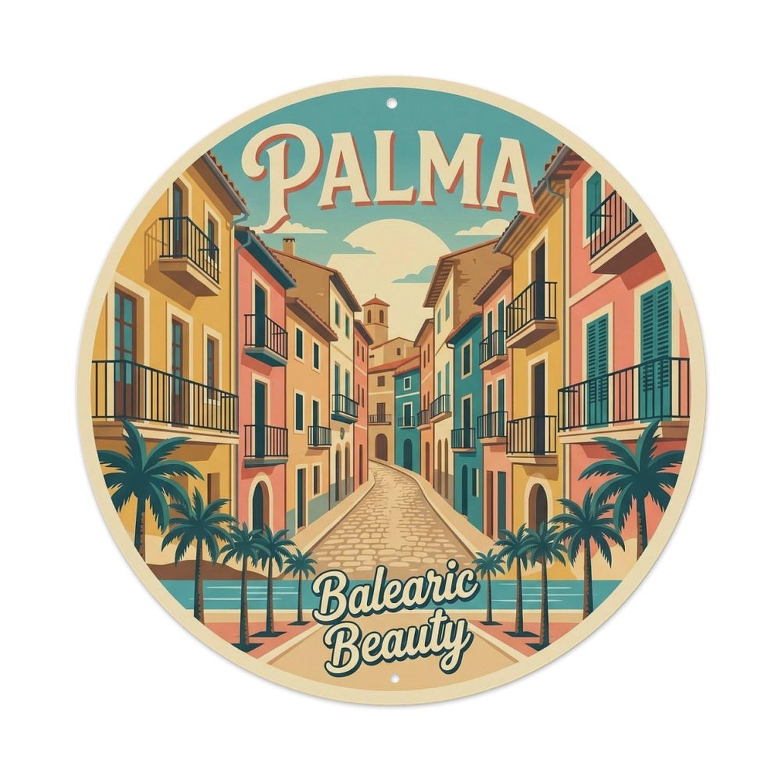 Capital Historic Majorcan City Classic Destination Heritage Metal Tin Sign Plaque Wall Decor for Cafe, Man Cave, Club Bar, Office, Home Garden Round Metal Poster 8x8Inch