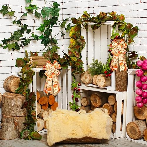 Miniatura 5 de Threetols 2 rollos de cintas de otoño con borde con alambre de 10 yardas, cintas de arpillera a cuadros naranjas de 2.5 pulgadas, cinta de calabaza