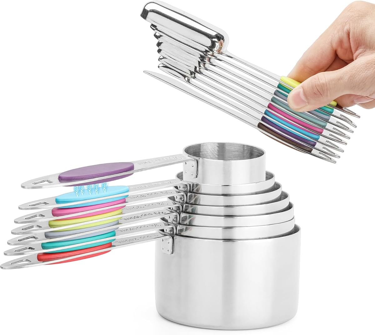 Juego de tazas y cucharas medidoras magnéticas, 15 piezas de tazas y cucharas medidoras de acero inoxidable para medir ingredientes secos y líquidos (coloridos)
