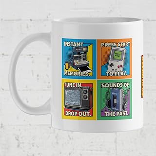 Playful Retro Nostalgia Coffee Mug, Vintage Analogue Gift for 80s & 90s Kids, 11oz Ceramic Cup with Classic Tech Icons and Funny Catchphrases