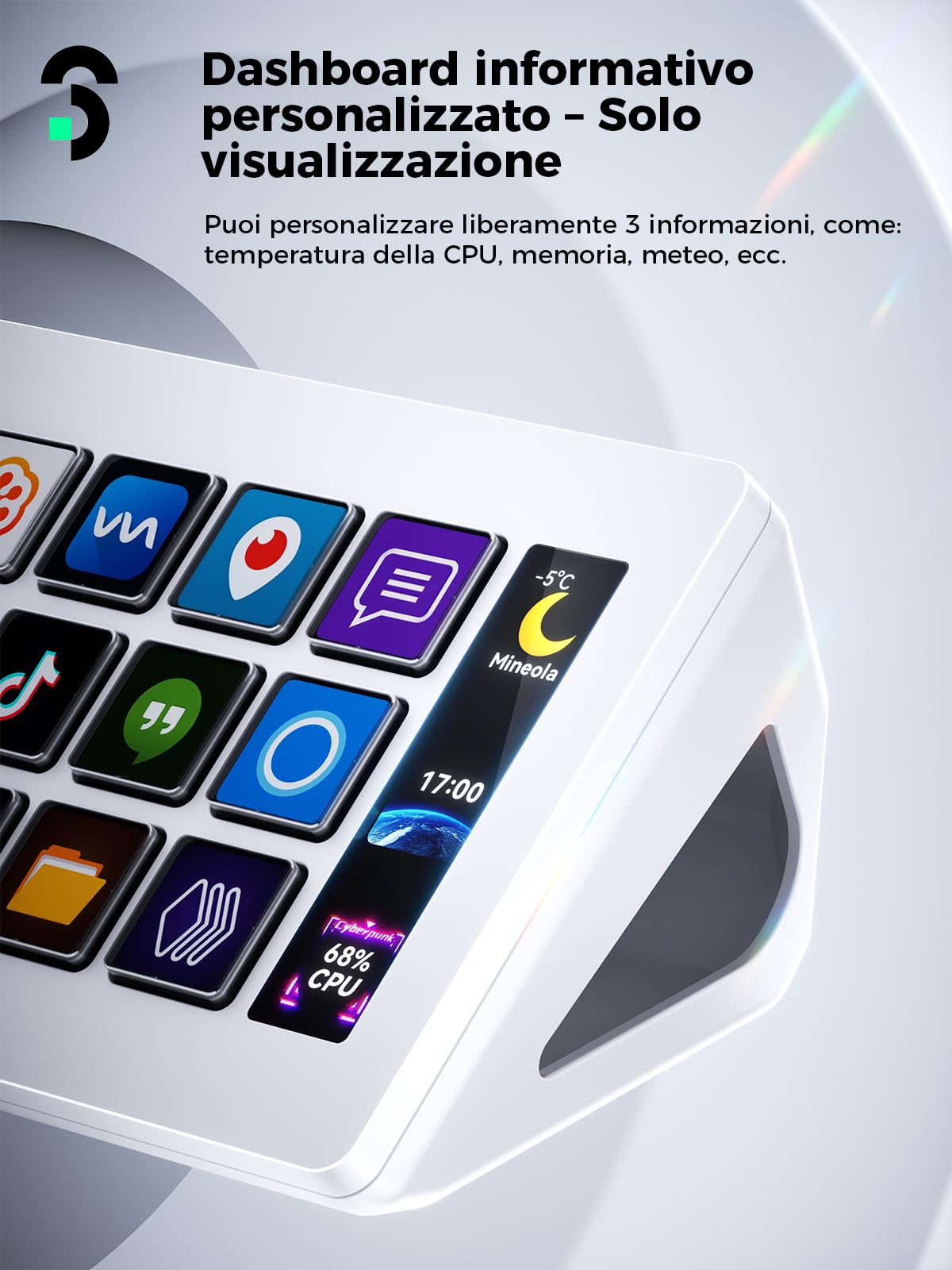 SOOMFON Stream Controller Deck Bianco, Aggiornata con 15 Macro Pulsanti LCD Personalizzabili per Attivare Azioni in OBS, Twitch, YouTube, per Live-Streaming, Editing di Foto e Video
