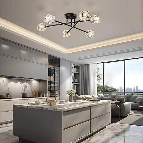 Miniatura 4 de Lámpara de techo semiempotrada de 6 luces, moderna lámpara Sputnik del siglo negro y dorado, accesorios de iluminación de montaje en techo de