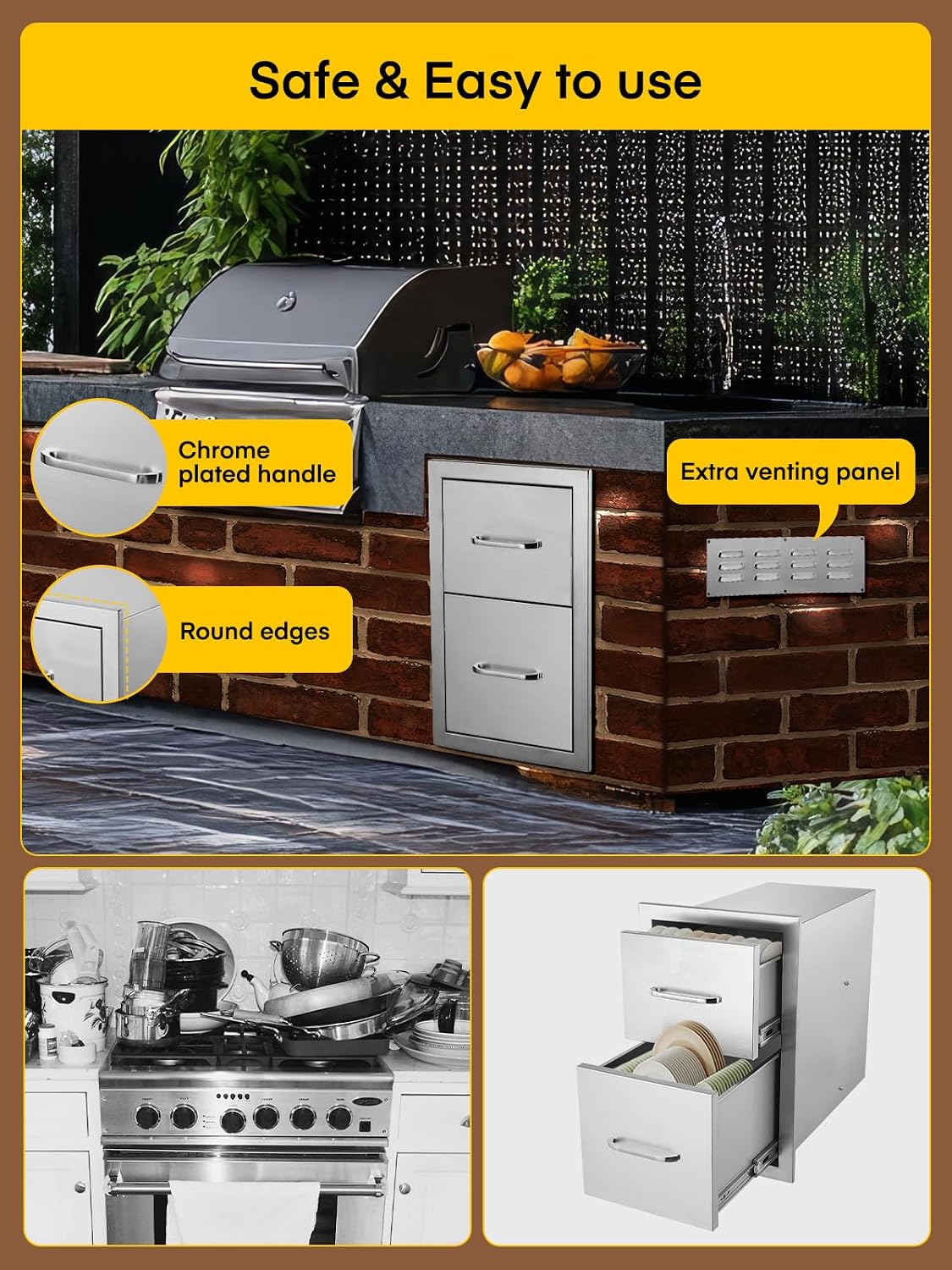 FOHERE Outdoor Kitchen Drawers Stainless Steel 2-Drawer 13" W x 20.5" H x 20.9" D, Built-in Drawer Flush Mount Double BBQ Access Drawers for BBQ Islands and Patio Grill Areas