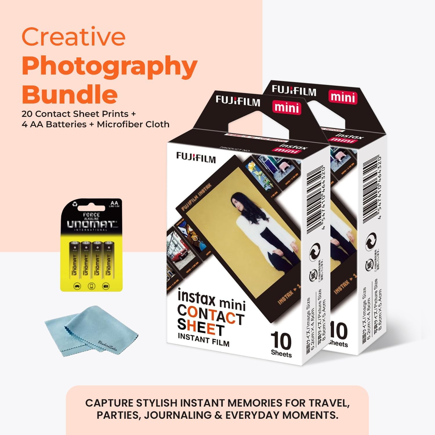 FUJIFILM Instax Mini Contact Sheet Instant Film (20 Shots) + 4 AA Batteries + BluebirdSales Microfiber Cleaning Cloth – Creative Photography Bundle (20 Shots Contact Sheet) image 2