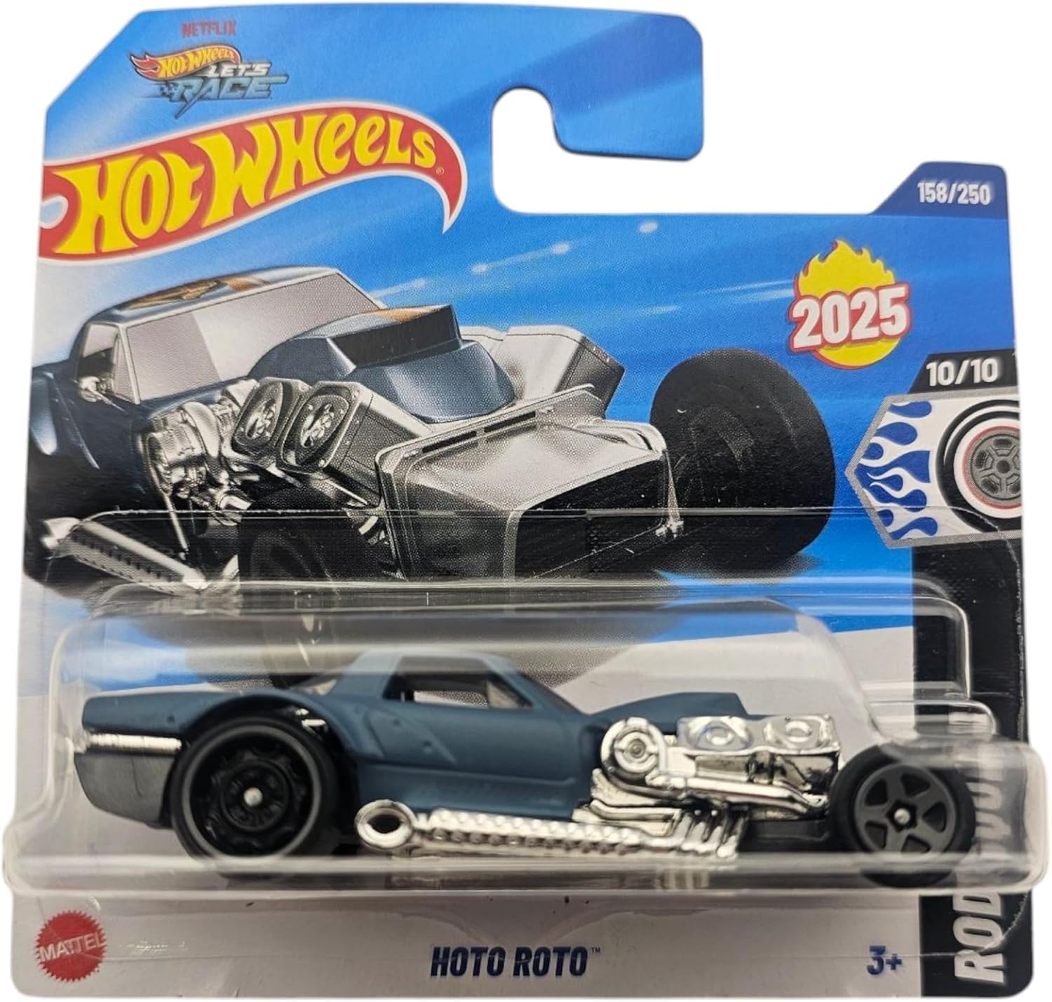 Hot Wheels Hoto Roto, 2025 Rod Series, 158/250 Diecast Car Model, Grey, Metallic Blue, 7.4 cm (L) x 4 cm (W) x 3 cm (H)