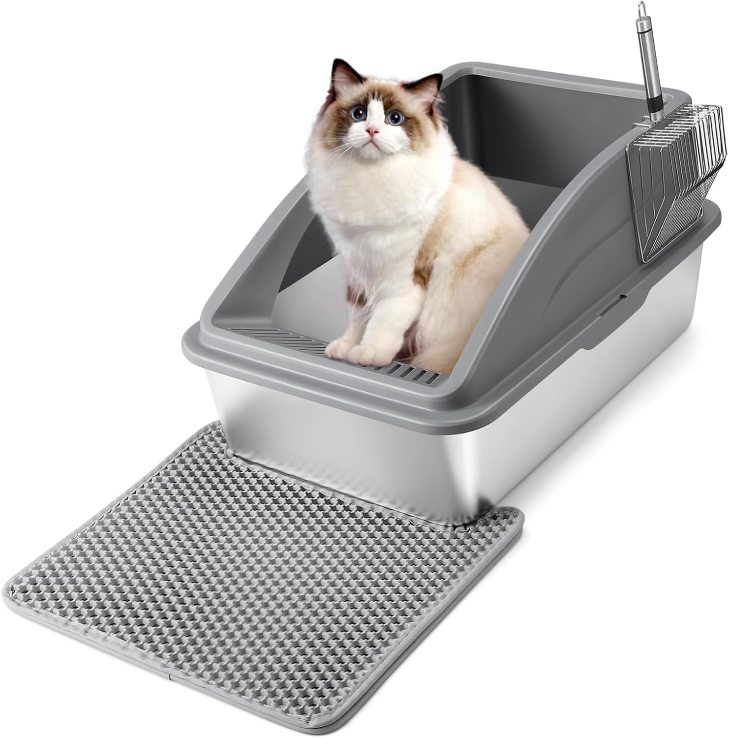 1Set Large Cat Litter Box with High Walls Deep Grey Stainless Steel Cat Pan for Indoor Cats Easy Design Less Mess Enhanced Stability Includes Cat Litter Scoop and Mat