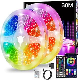 Led Strip 30m, RGB Led Streifen, Bluetooth Smart Led Band Selbstklebend, Led Leiste mit Fernbedienung und APP, Dimmbar, Musik Sync, Timer-Einstellung für Gaming Zimmer, Room, Küche, Party (2x15m)
