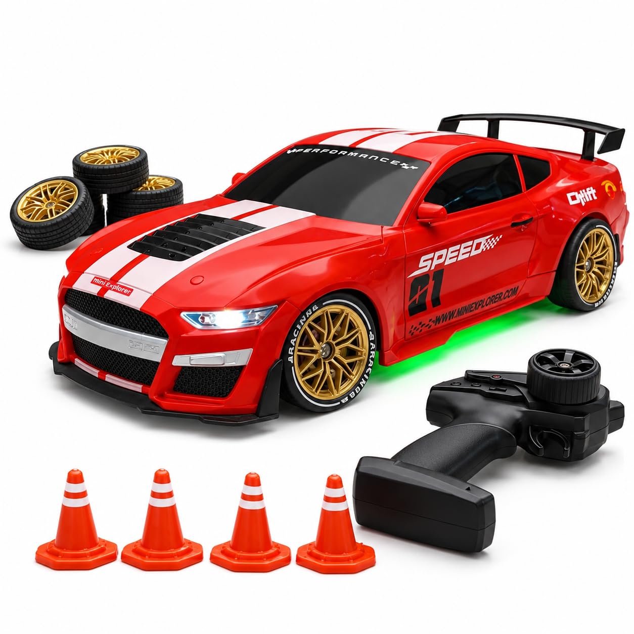MiniExplorer Ghost RC Drift Car 1:24 Scale 4WD | 20KM/H High-Speed Remote Control Car with LED Lights | 2.4GHz Rechargeable Drift Racing Car with Extra Tires & Cones | Birthday Gift | Boys & Girls-picture-43