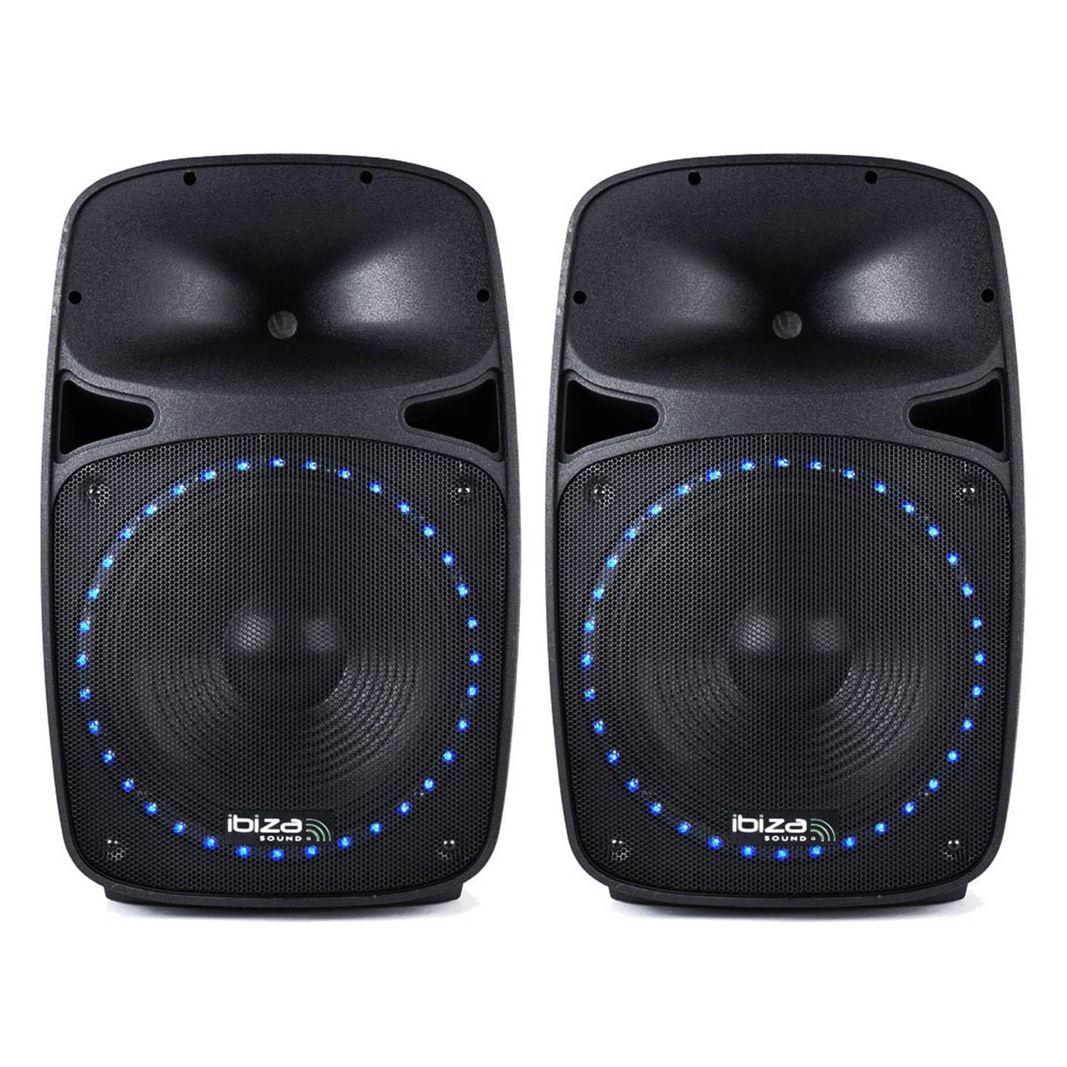 Pack sono composé de 2 enceintes actives/passives dotées de 12 LED, trépieds, 1 micro et 1 télécommande, avec lecteur de cartes SD, port USB, Bluetooth et Radio FM