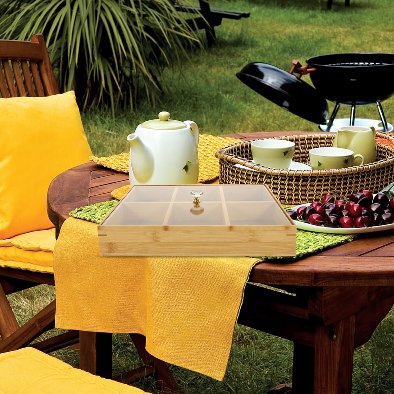 Amosfun Bamboo Nut and Candy Serving Tray, Tea Bag Storage - 6 Grids Snack Tray Platter with Lid and Removable Dividers for Nuts, Candy, Cookies 13.26 X 9.05 X 2.36 Inches