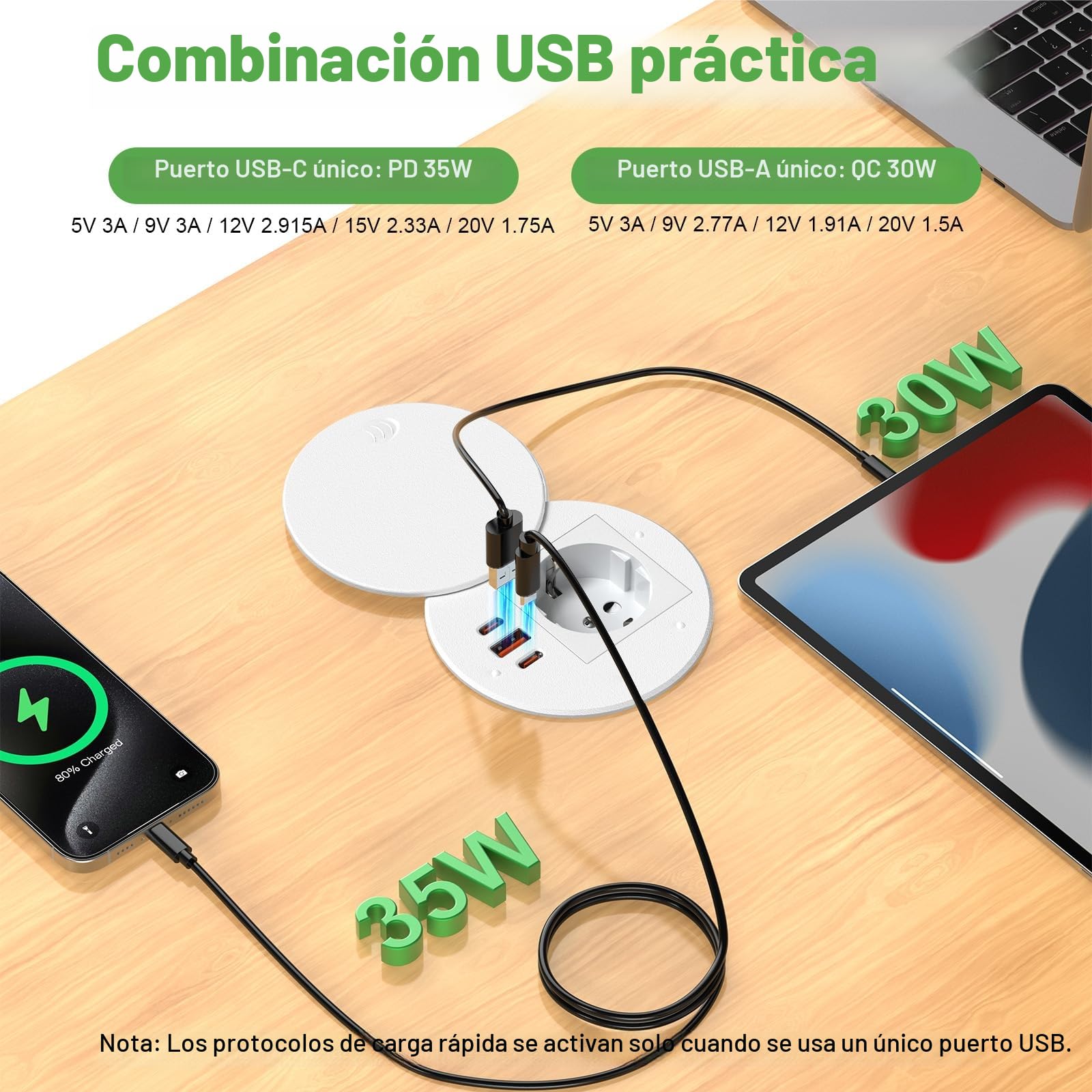 Enchufe Empotrable Mesa con USB C PD 35W, Regleta de Mesa con 3 USB y Tapa, Regleta Empotrable para Muebles o Superficies de Trabajo, Cable de 1,8 m, Blanco