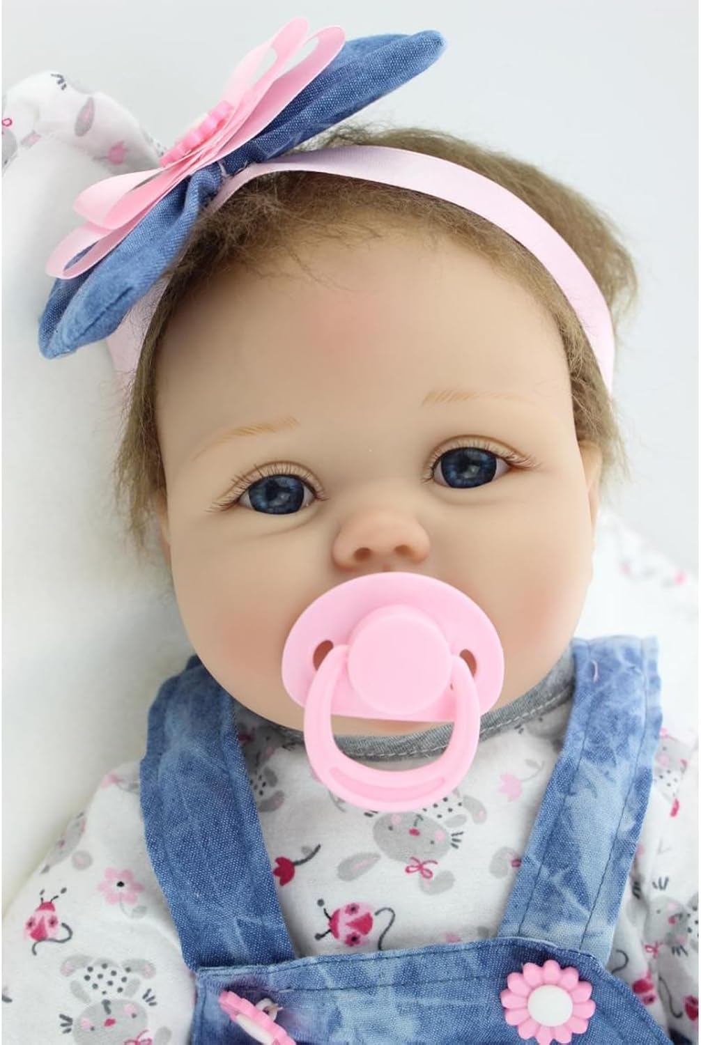 Lifelike Reborn Baby Dolls - Realistic Baby Doll 22 inch Newborn Girl Doll Blue Denim Dress, 22 Inches Soft Cloth Body Pacifier, Bottle, Outfit Baby with Accessories Toy for Kids Age 3 +
