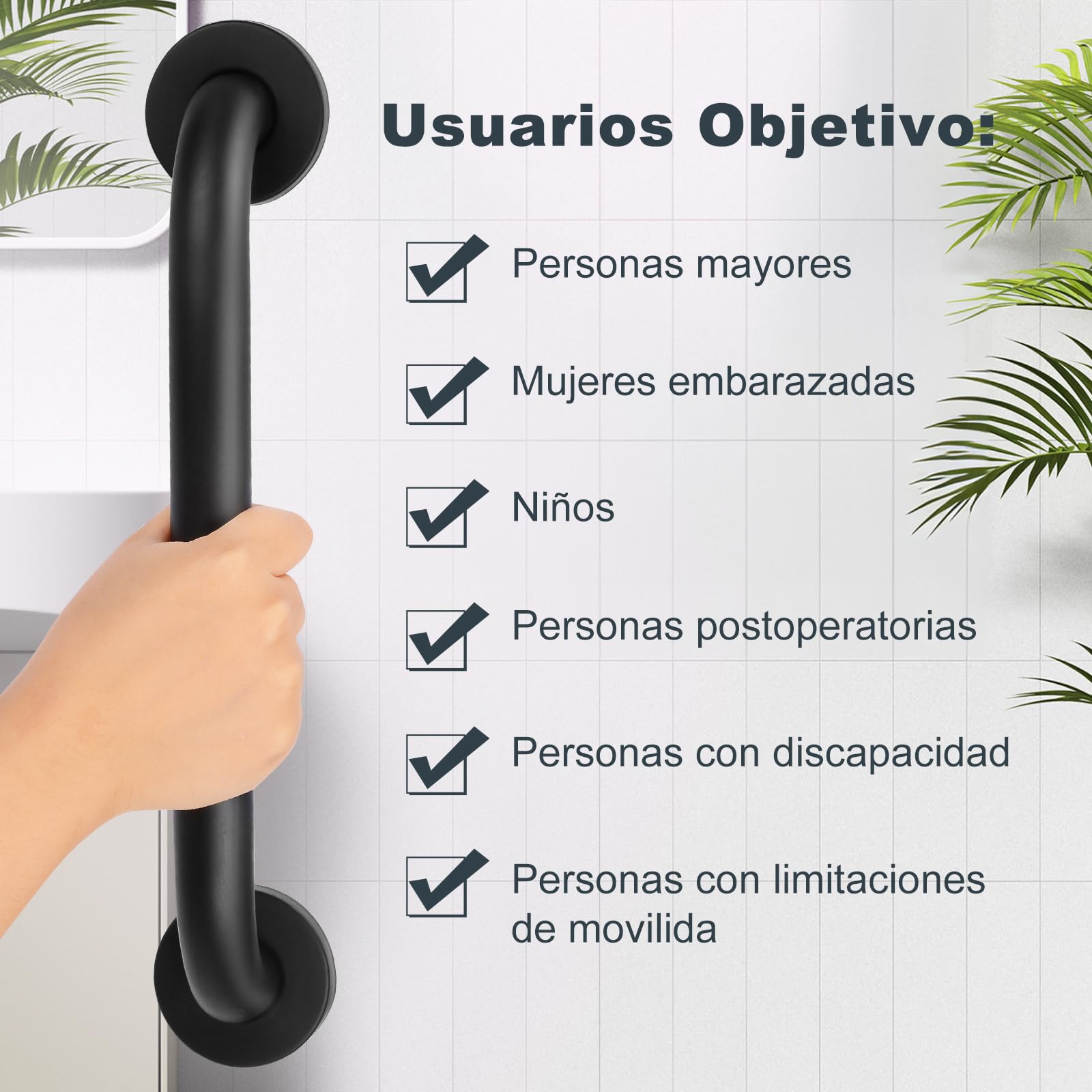 YF Barra de Agarre para Ducha, 60 cm Barra de Agarre de Baño de Acero Inoxidable, Barra de Ducha Antideslizante Negra Asidero para Ducha Barra de Soporte Barra de Equilibrio para Ducha
