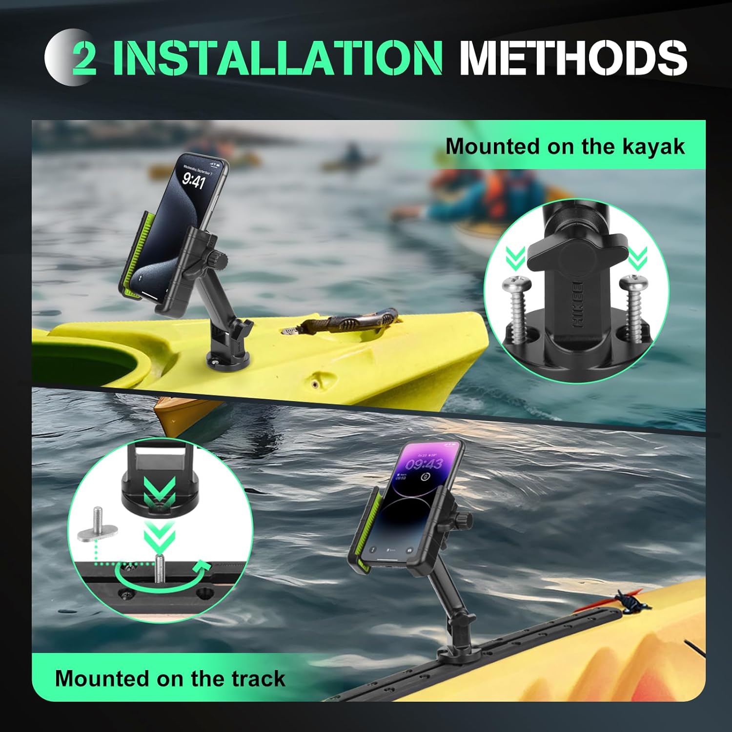Hikeen Kayak Phone Holder, 360°Adjustable Phone Holder with Long Arm, Kayak Fishing Accessories, Kayak Phone Mount Compatible with Smartphone from 4''-7''（2Pack
