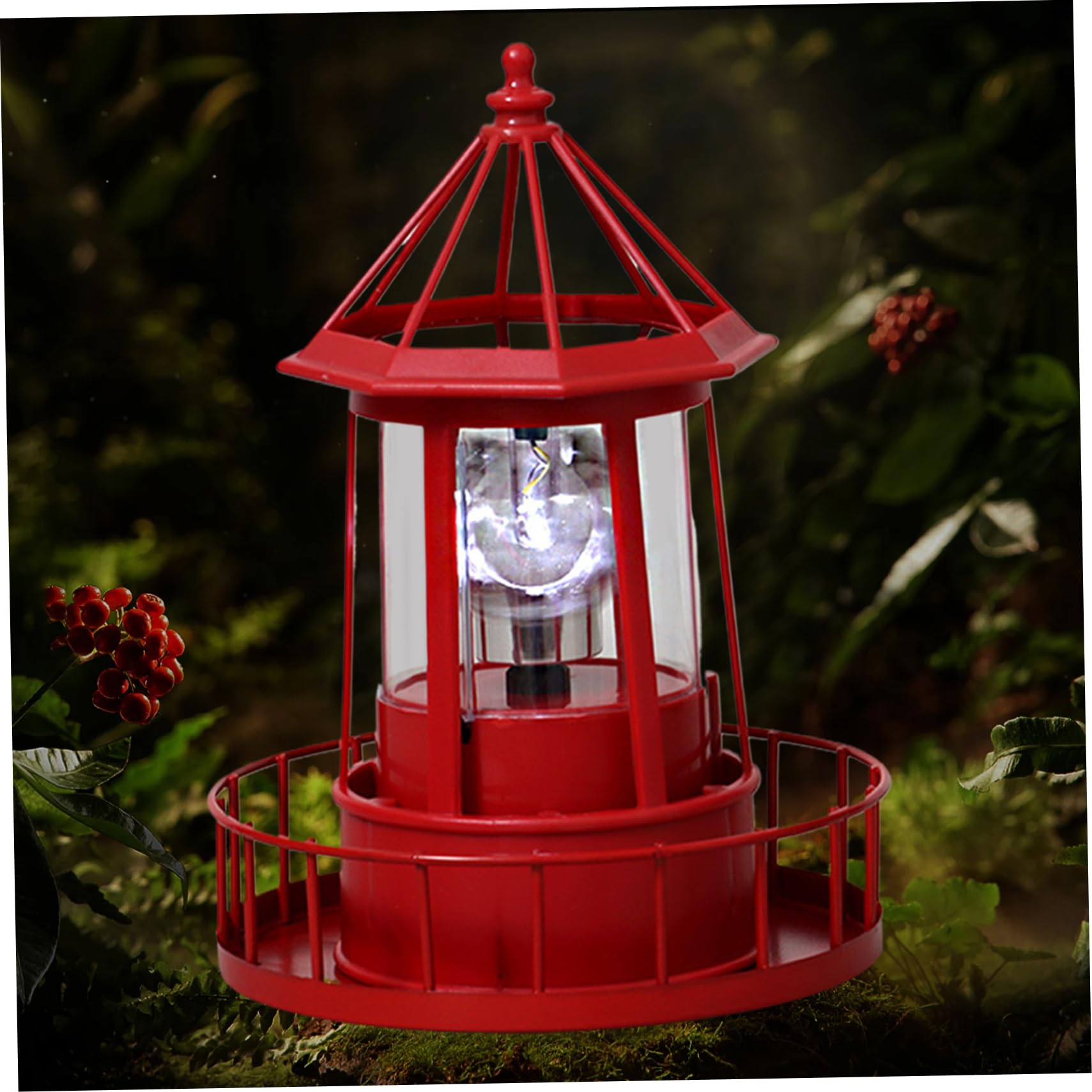 Obelunrp Solar Lighthouse with Rotating Beacon, 8.3inch Solar Lighthouse Decor, 360 Degree Light Houses Lamp, Waterproof Solar Garden Lights for Patio Pathway Courtyards Lawns Decorations (Red)