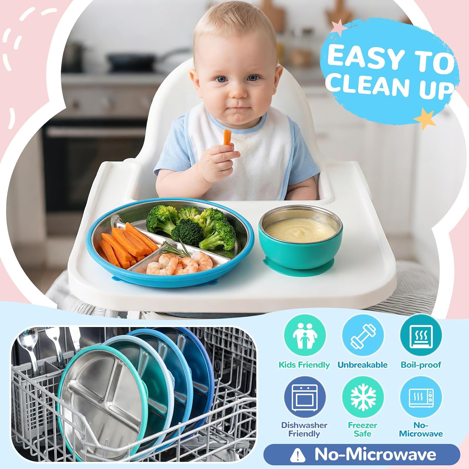 Havawish 8 Pcs Stainless Steel Baby Plate and Bowls with Suction, 8.3" Kid Divided Plate and 4" Toddler Bowl with Removable Silicone, BPA-free Non-slip Baby Feed Set Dishwasher Safe for Boy Girl(Blue)
