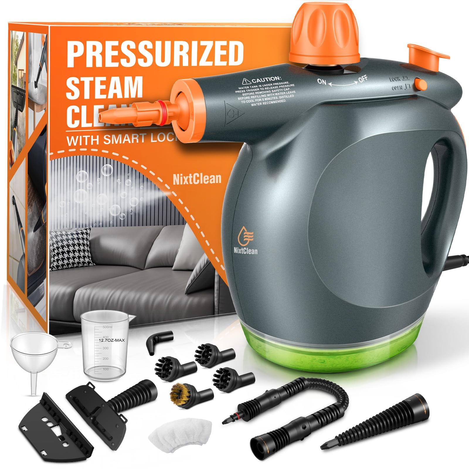 1250W Powerful Handheld Steam Cleaner with Detergent Container and Safety Lock Multifunctional and Pressurized Hand Held Steamer for
