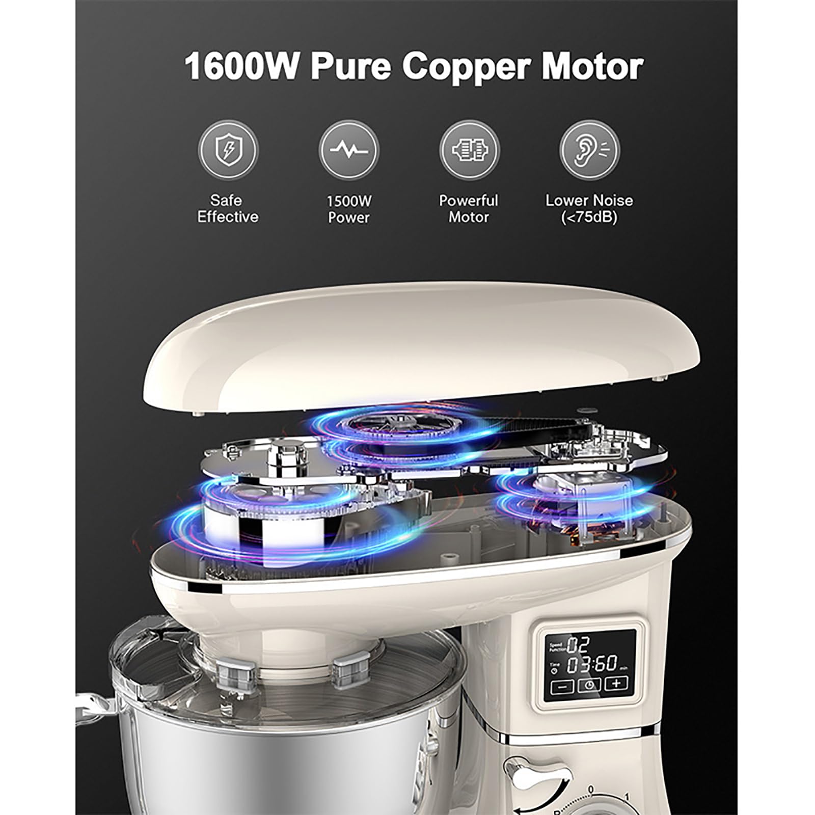Batidora vertical para masa, batidora industrial, gran capacidad de 5,5 L, 1500 W con batidor, gancho para masa, varillas, 6 velocidades, cabezal inclinable, pantalla LED digital, acero inox