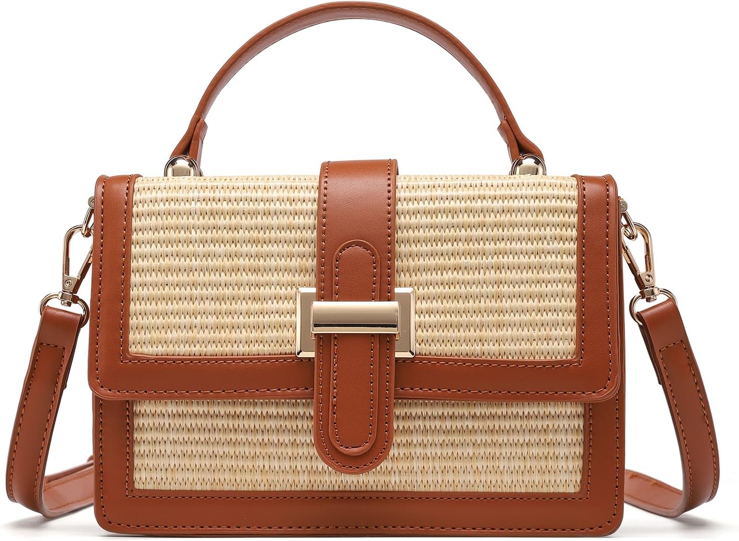 Straw Crossbody Bag, Vegan Leather Patchwork Summer Purse with Top Handle, Small Woven Bag for Beach & Wedding