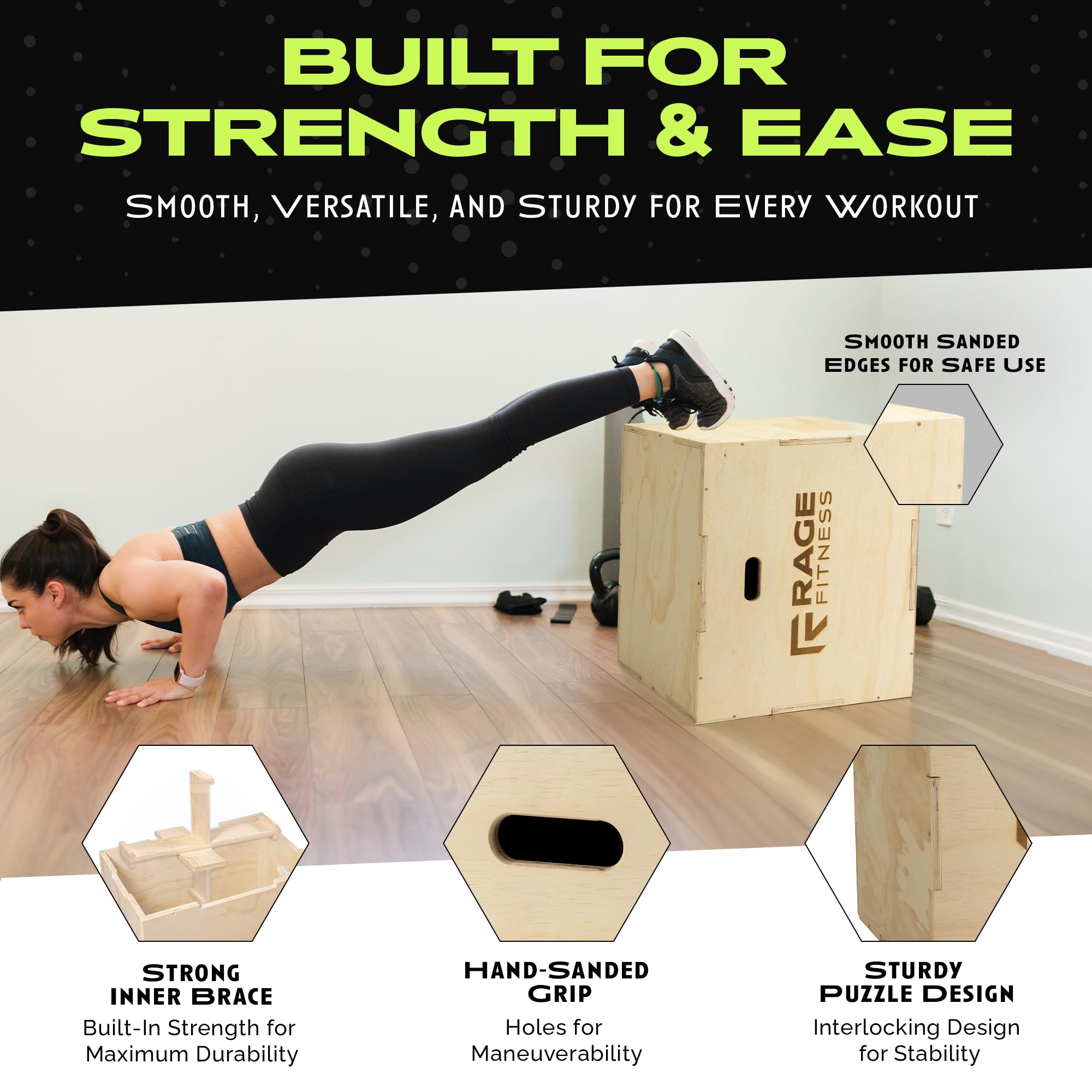 Rage Fitness Plyo Cube, scatola Plyo in legno, 3 in 1, scatola per saltare Plyo, attrezzatura per allenamento di salto, piattaforma per allenamento, blocco fitness per casa e palestra, 50,8 cm, 61 cm,