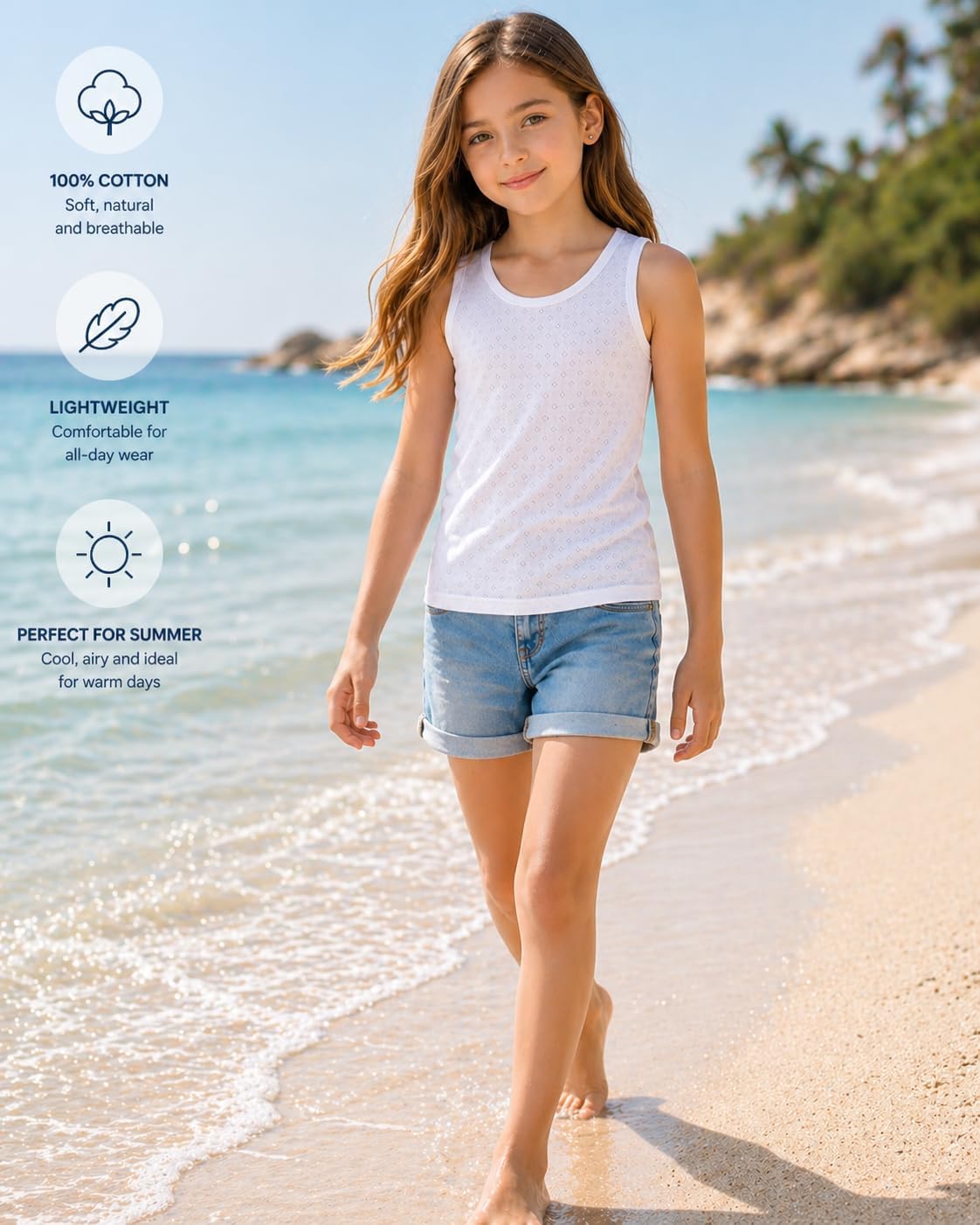 Girls White 100% Cotton Tank Top, 3 Pack, for Ages 7-12, Breathable, Perfect Length for Layering Undershirts, Made in Turkey