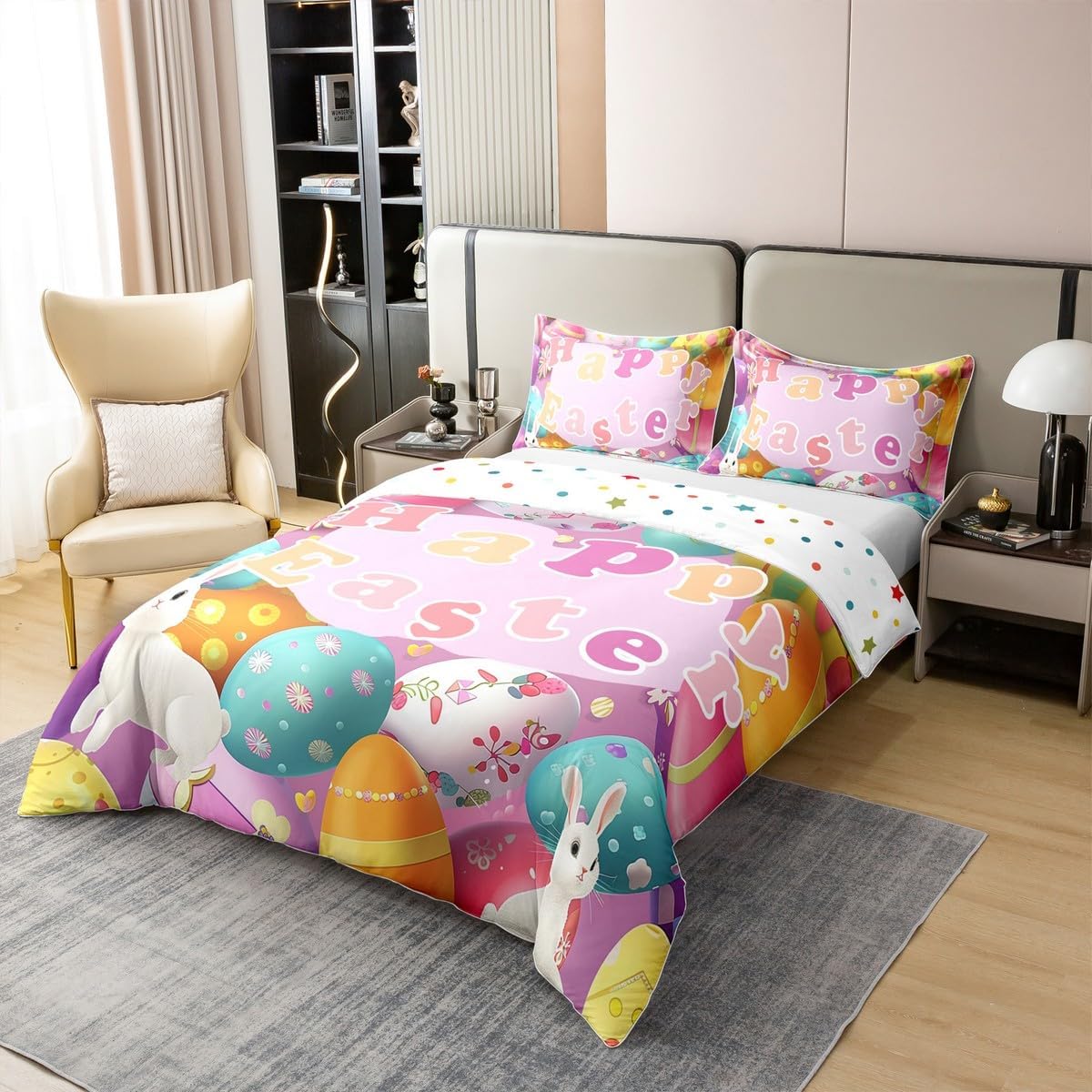 Cotton Easter Colorful Eggs Duvet Cover Twin for Kids Girls Teens,Cartoon Rabbits Animals 2 Pieces Duvet Cover,Watercolor Rustic Flowers Comforter Cover (Not Comforter),Happy Easter Quilt Cover