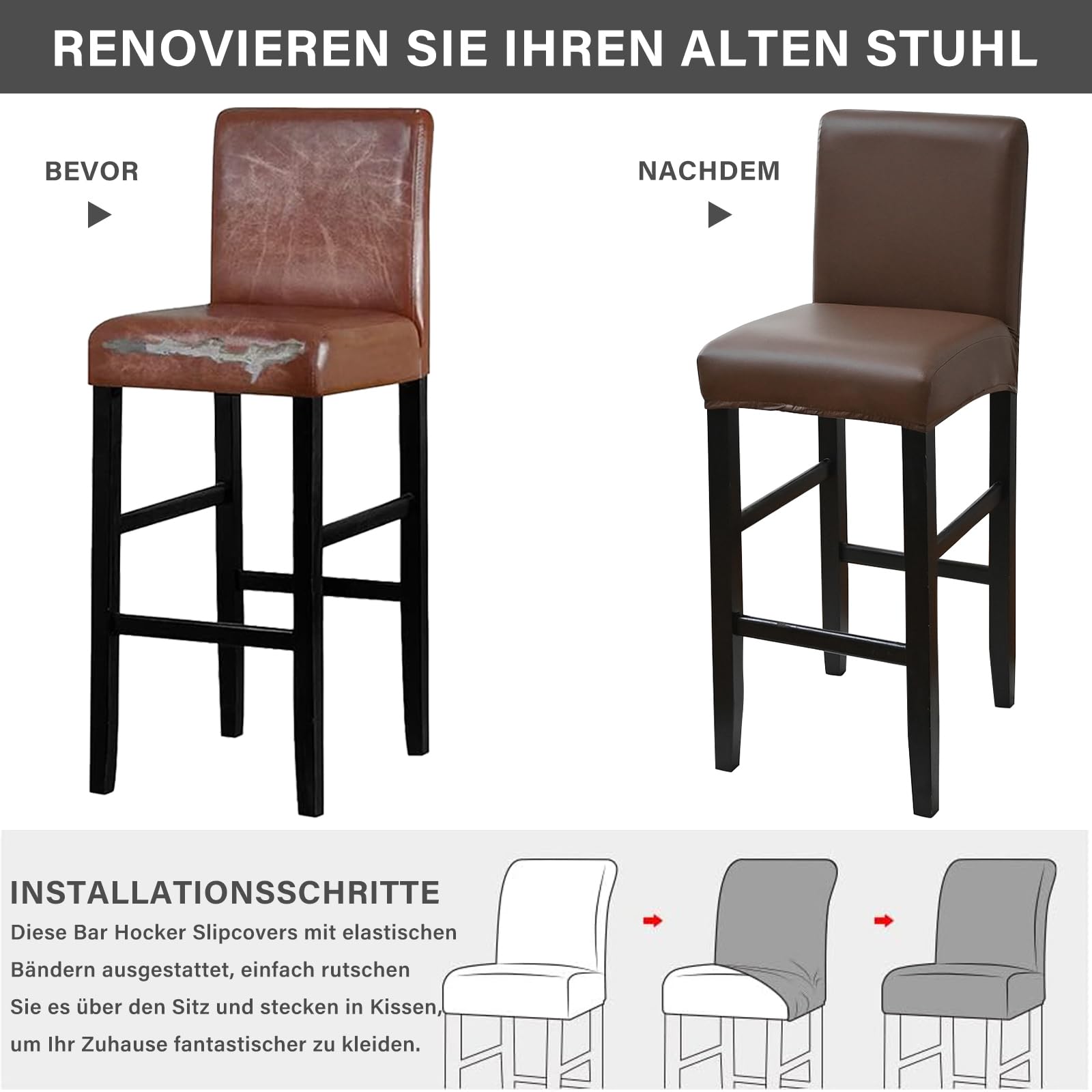 Bar Stuhlhusse PU Leder Wasserdicht-braun-4 Stück