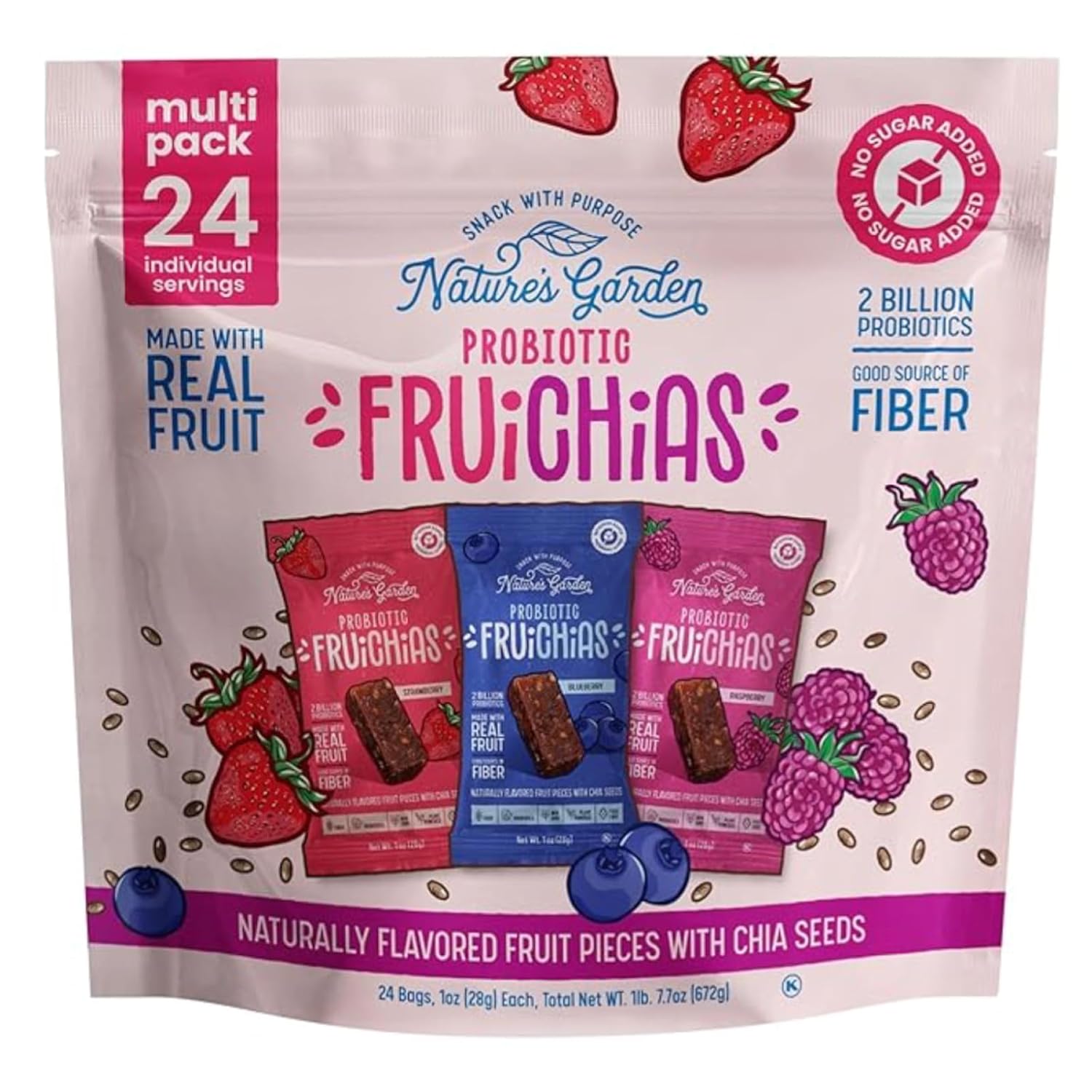 Nature's Garden Probiotic Fruichias Variety Pack - 24 Pack x 1oz, Probiotic Fruit Snack with Chia Seeds, Strawberry, Blueberry, Raspberry , No Sugar Added, Made with Real Fruit, Dye-Free, Non-GMO, Gluten-Free Snacks for Kids & Adults