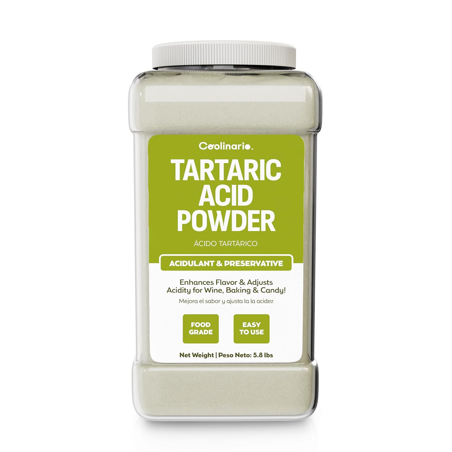 Coolinario Tartaric Acid Powder - 1 Gal (5.8 lbs) Food Grade Natural Acidulant for Wine, Baking & Candy | Enhances Flavor & Adjusts Acidity | Ideal for Cream of Tartar, Confections & pH Balancing