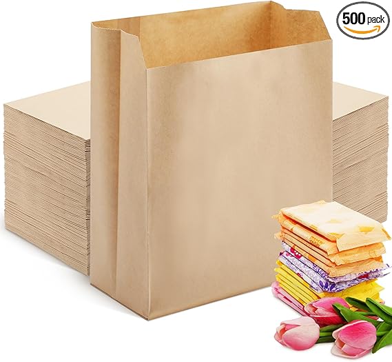 Tenceur 500 Pcs Waxed Sanitary Napkin Disposal Bags 7.5'' x 10'' x 3.5'' Kraft Feminine Hygiene Liner Bag Paper Bags for Commercial Business Personal Restroom Bathroom Janitorial Dispenser