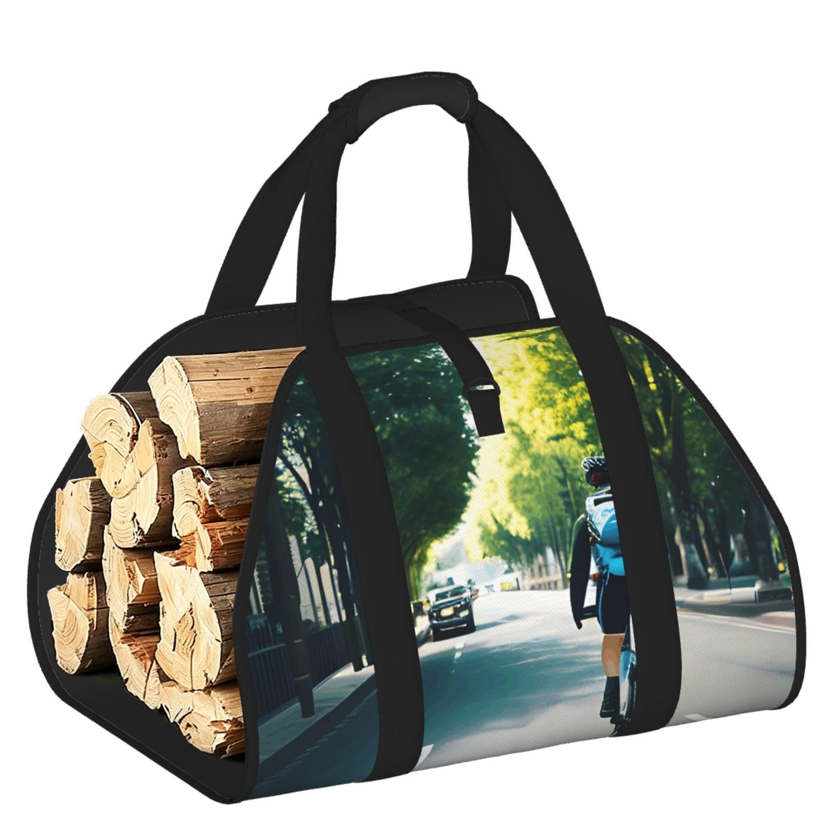 Ayyqwe Black Car And Bicycle Print Firewood Bag Wood Waterproof Versatile Camping Picnic Storage Daily Home