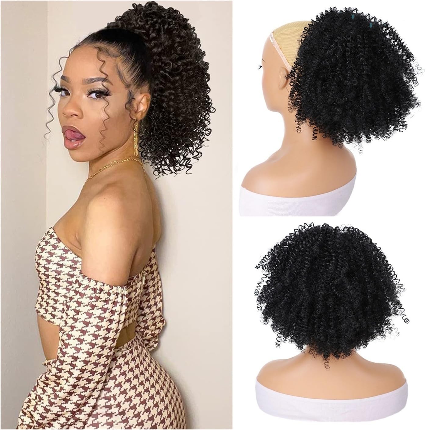 Panino per Capelli disordinato Chignon Afro Puff for Donne Nere, Sintetico, con Coulisse e Ricci, for Coda di Cavallo. Parrucchino a Coda di Cavallo per l'uso Quotidiano(4)