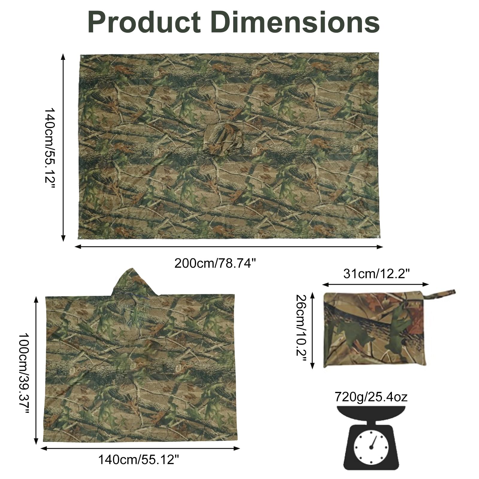 Poncho impermeabile, Camuffamento Raincoat Phocho Parasole o Antipioggia per Escursionismo, Camminata in Montagna, Campeggio, Ciclismo, Pesca o Caccia - Camuffamento