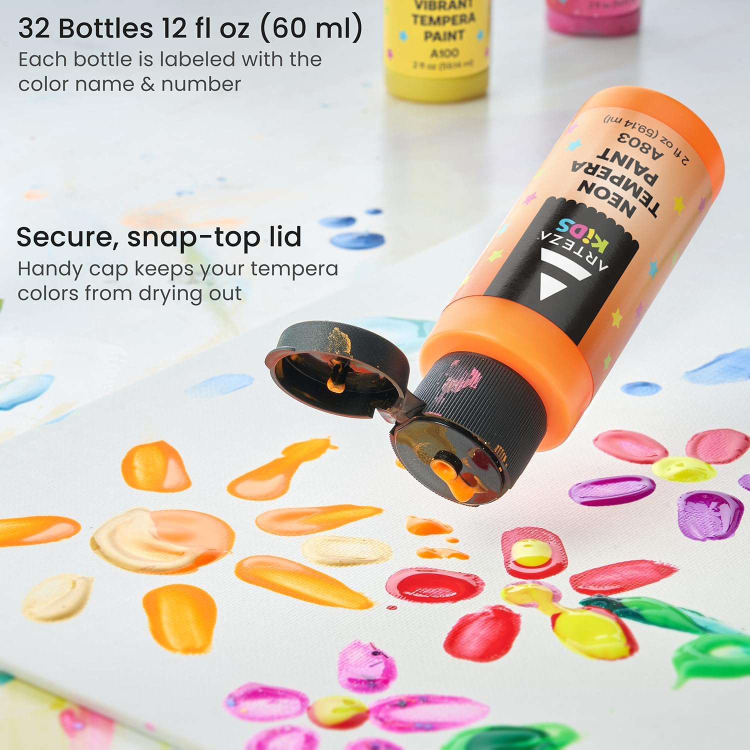 ARTEZA 32 Tempera Paint, 2.03oz/60ml Bottles, Washable Tempera Paint for Kids, Includes Neon, Glitter & Glow-in-The-Dark