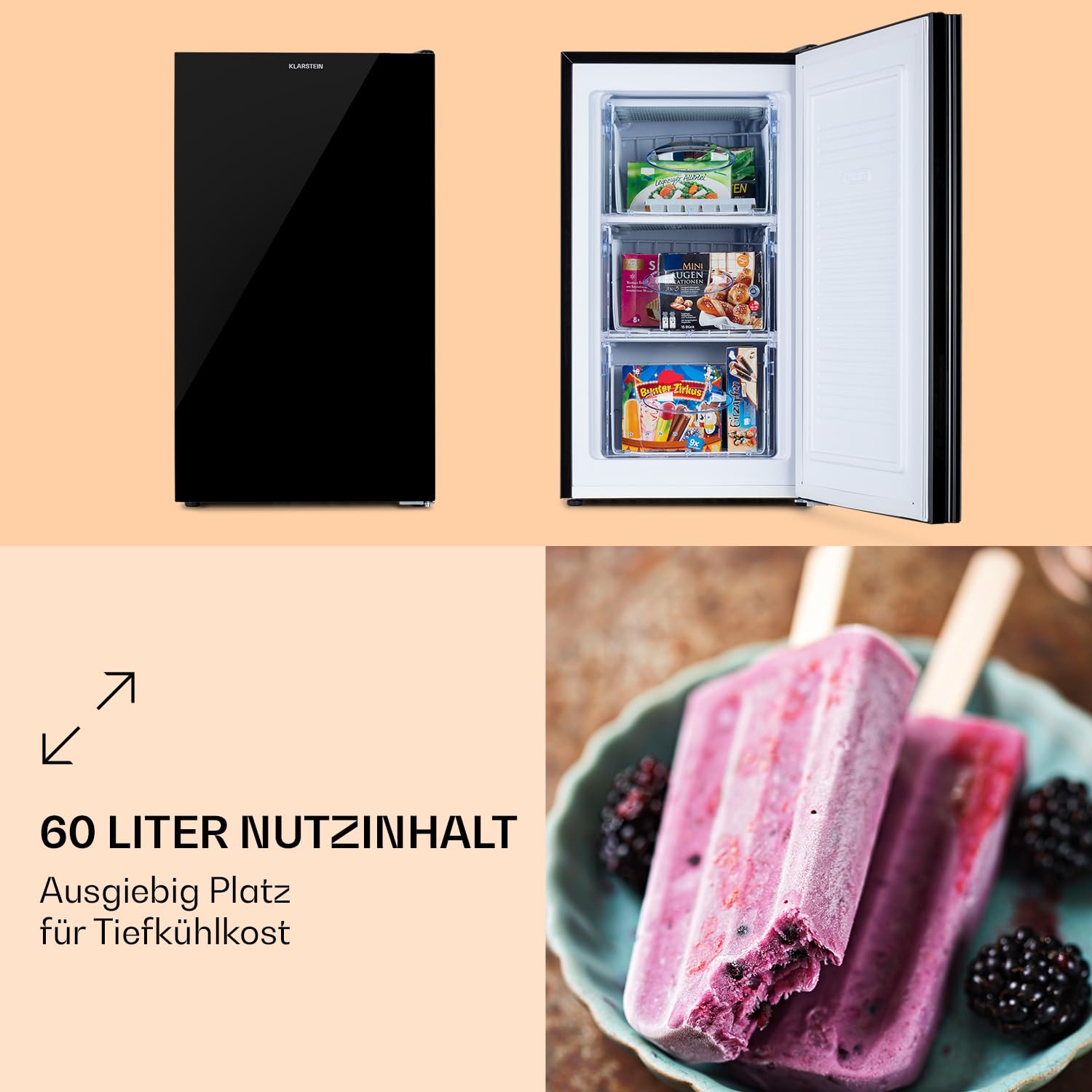 Klarstein Pluto Gefrierschrank - 1 Kühlzone, Thermostat mit 5 Stufen, 0 bis -18 °C, mit Glasfront, höhenausgleichende Füße, geräuscharmer Betrieb, 60 Liter Gesamtvolumen, schwarz