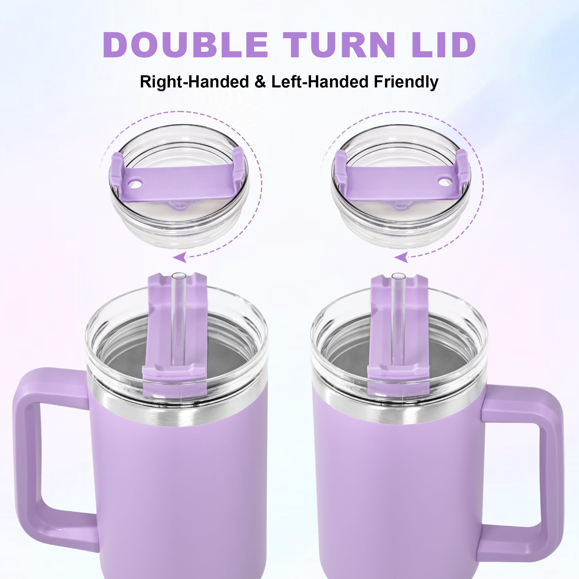 FECBK 40oz Tumbler with Straw and Lid 1.2L, 100% Leak-Proof Travel Mug with Handle, Stainless Steel Vacuum Insulated Water Bottle Keeps Cold for 34H / Hot 12H, Dishwasher Safe, Lavender - Image 4
