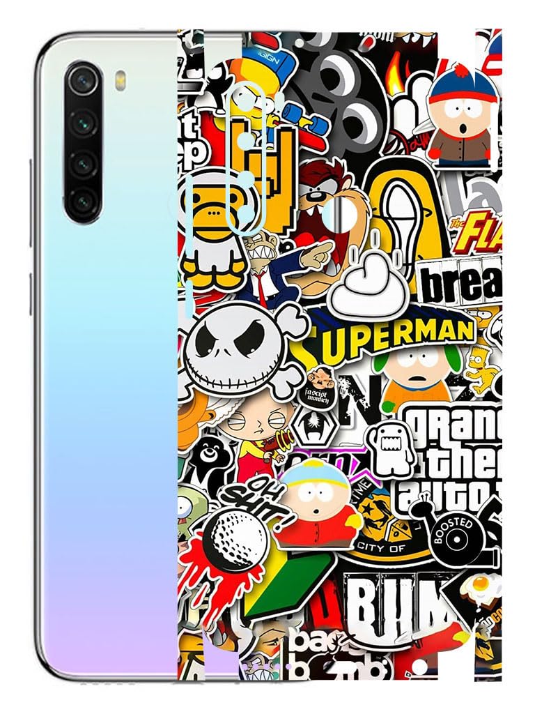 atodds - full body back screen guard protector film - lamination wrap skin sticker compatible with redmi note 8 (5g) | scratchproof matte finish (design - sticker bomb)