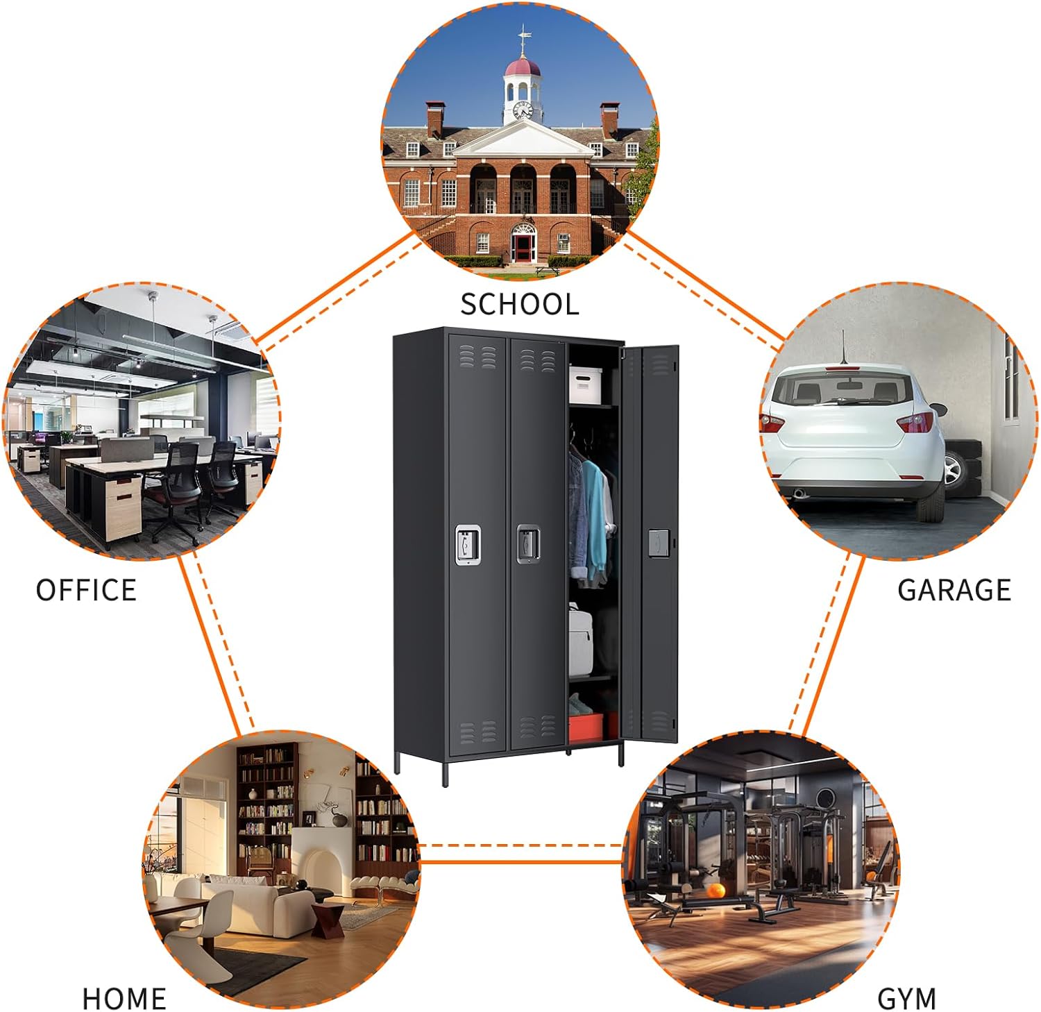 Metal Storage Locker with 3 Doors, Metal Locker for Employees with 9 Hooks for Garage School Office Gym Home, Assembly Required, Black