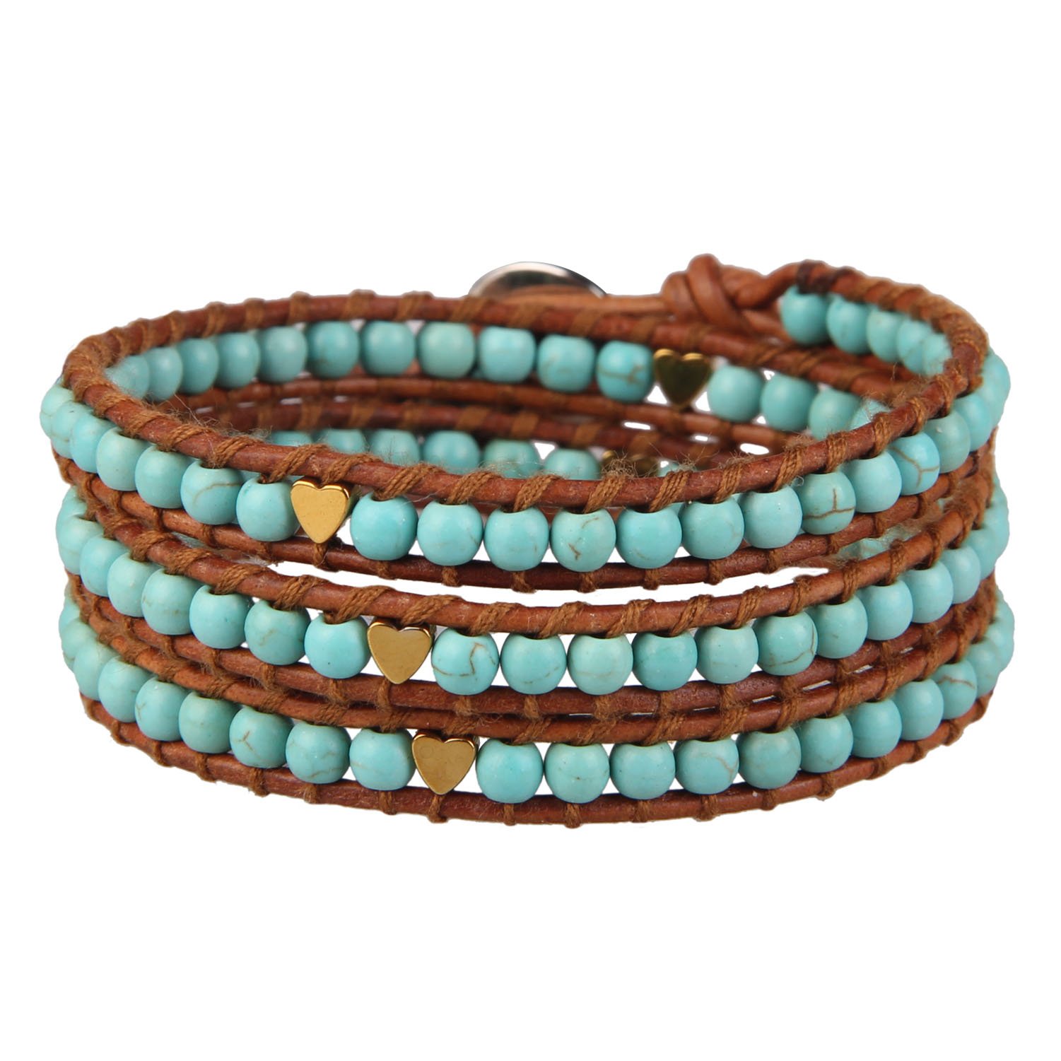 KELITCH Turquoise Pearl Bracelets 925 Glod Love Beaded 3 Wrap Bracelet for Women