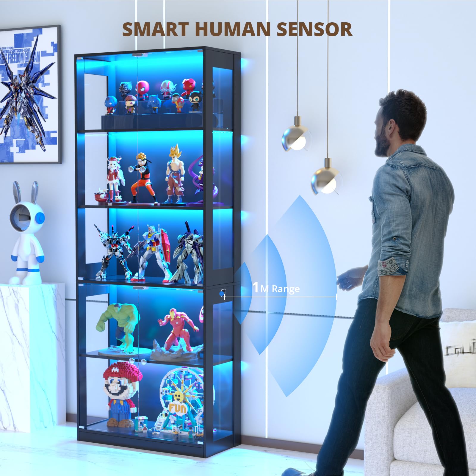 VOWNER 5-Lagen LED Vitrine mit Glastür, Vitrinenschrank mit 3-farbige Beleuchtung Bewegungssensor, Glasvitrine für Sammlerstücke, Bücherregal für Wohnzimmer, Schlafzimmer (Schwarz, 5 Einlegeböden)