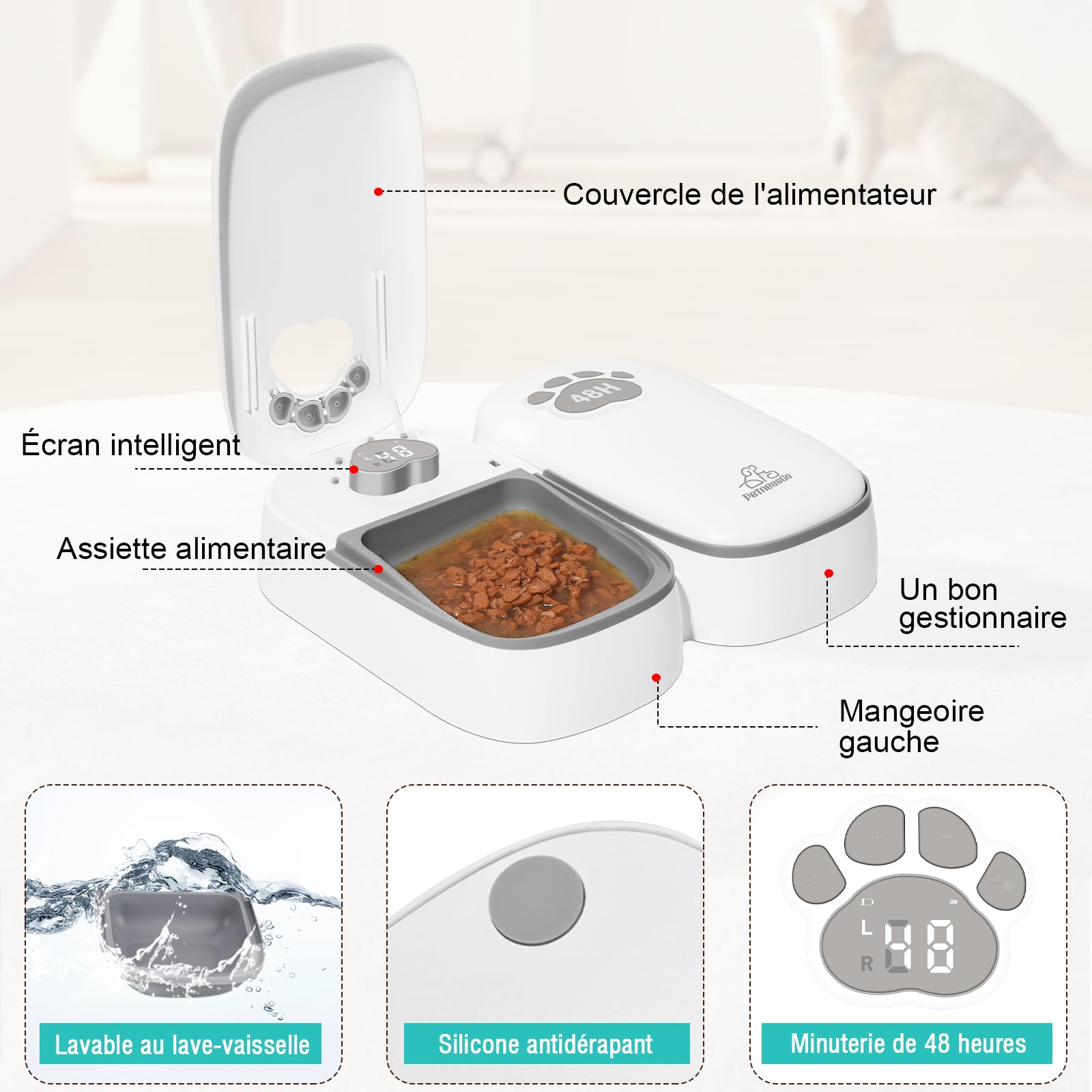 Distributore automatico di crocchette per gatti 2 pasti con display LED e modalità di risparmio energetico, per gatti e cani