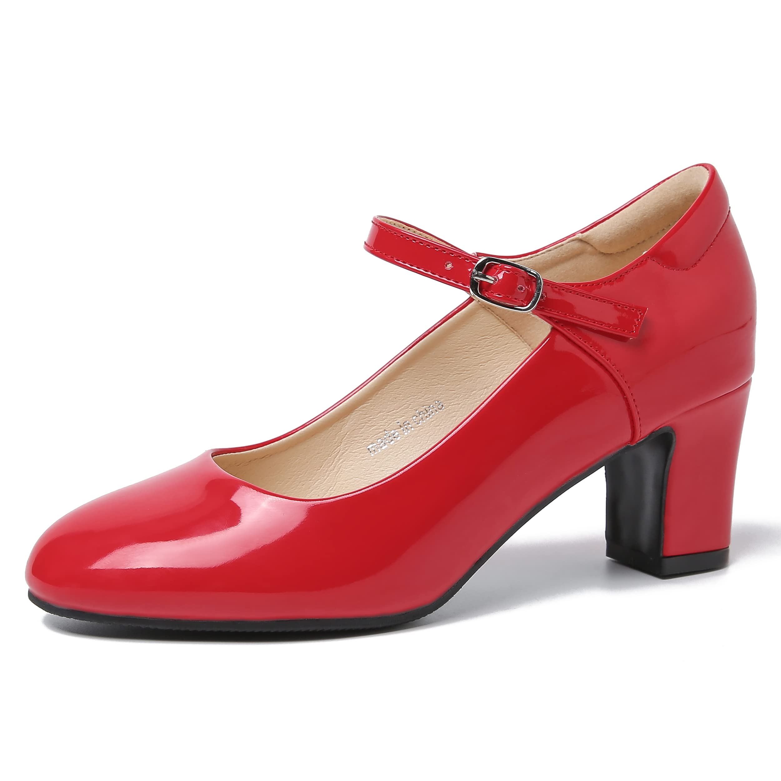 Women's Mary Jane Pumps, Block Heel, Round Toe, Ankle Strap with Buckle, 2.48 Inch Office Church Dress Shoes