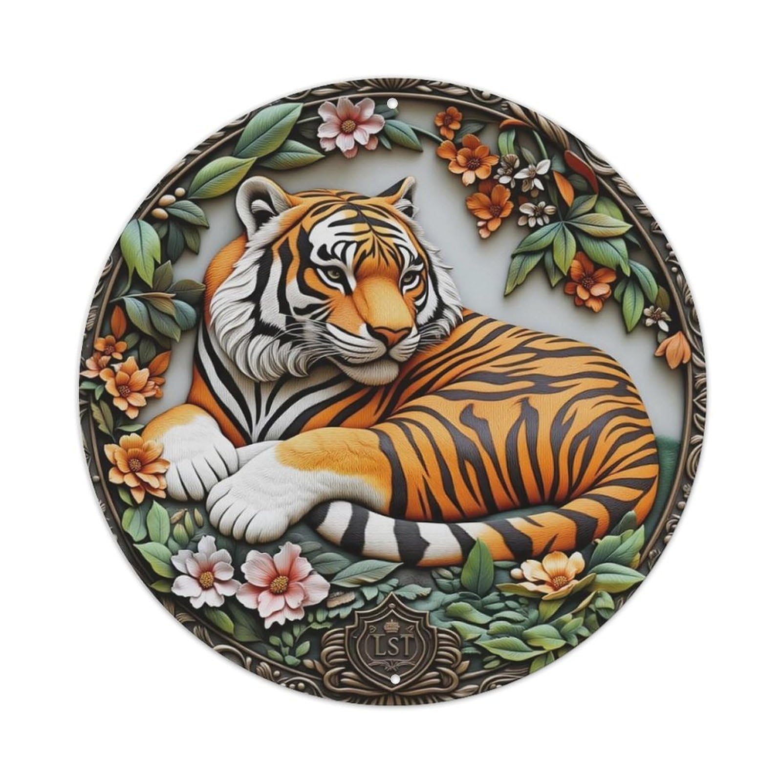 Tiger Floral Ornate Circular Emblem Metal Tin Sign