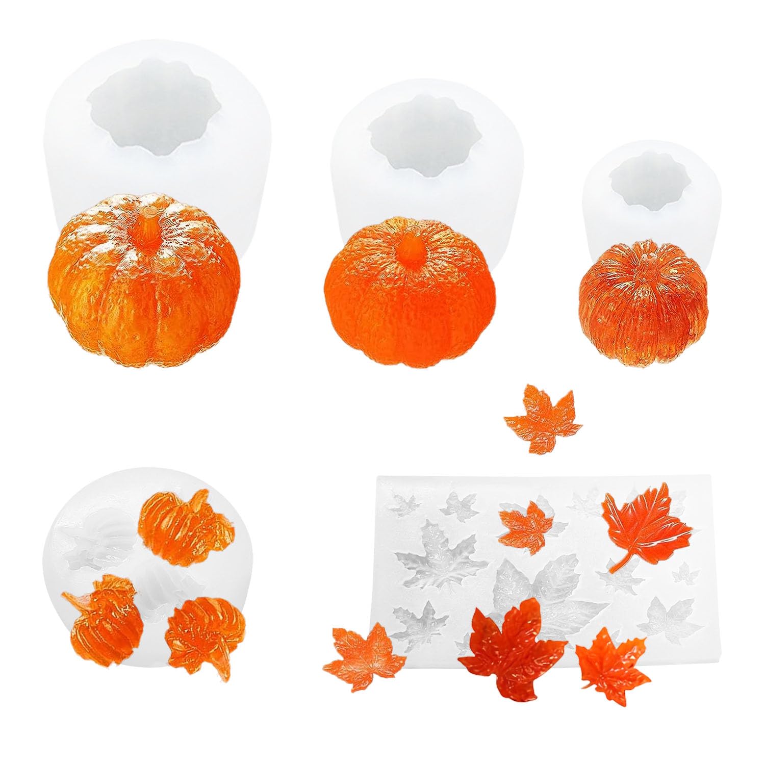 JINXIAN5 Pcs Halloween Pumpkin Moulds Silicone Mold Set Thanksgiving Resin Molds 3D Pumpkin Maple Leaf Fondant Molds for Fall Harvest Halloween Decor DIY Handmade Crafts Making
