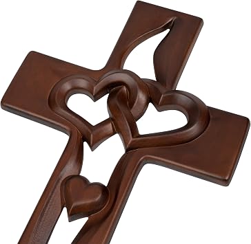 BGCOPPER Marriage Cross for Wall Love Wall Decor, Handmade Wooden Intertwined Heart Wall Cross for Wedding Valentine Christmas Gift - 14 Inch