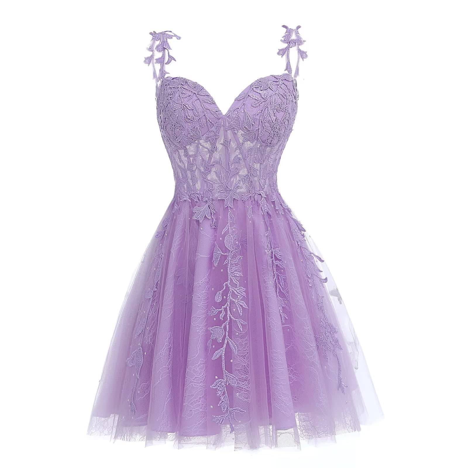 Kurface Women's Lilac Cute Spaghetti Straps Homecoming Dresses Short For Teens Sexy Backless Tulle Short Prom Cocktail Gowns For Juniors Uk6