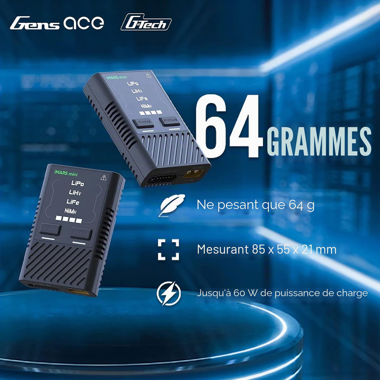 GensAce iMars Mini Chargeur Batterie RC 60W 5A USB-C pour Batteries LiPo 2-4S avec Adaptateur d'alimentation et Câble Adaptateur (EU)