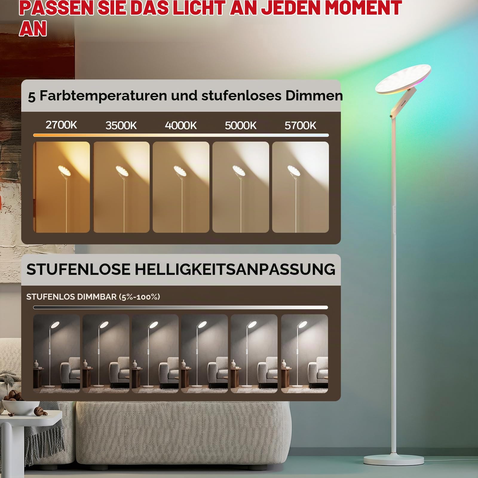 Honeywell LED Stehlampe Wohnzimmer Dimmbar,3000LM 2700-5700K Fernbedienung